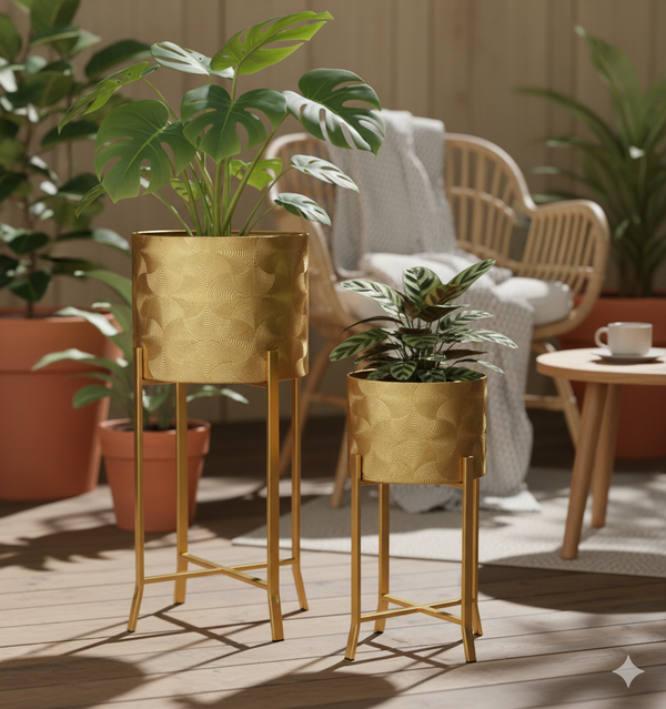 Rustic Gold Metal Pair of Planters with Detachable & Foldable Stand, Indoor Ornament for Fresh or Faux Plants Home Decor Gifts