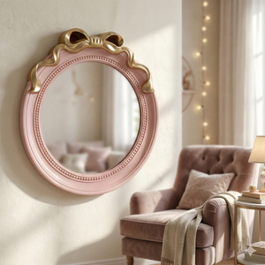 Round Pink 18-Inch Mirror with Gold Bow Decorative Wall Mirror, Gifts for Her, Accent Decor by Sona Casa