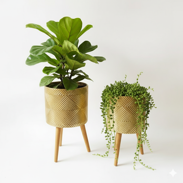Rustic Gold Foil Metal Plant Pots Set with Stand for Fresh or Artificial Plants, Indoor Home Office Decor, Gifts