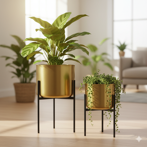 Modern Gold Planters with Black Stand Set, Electroplated Metal for Fresh or Faux Plants, Living Room Patio Decor Gifts-Sona Casa