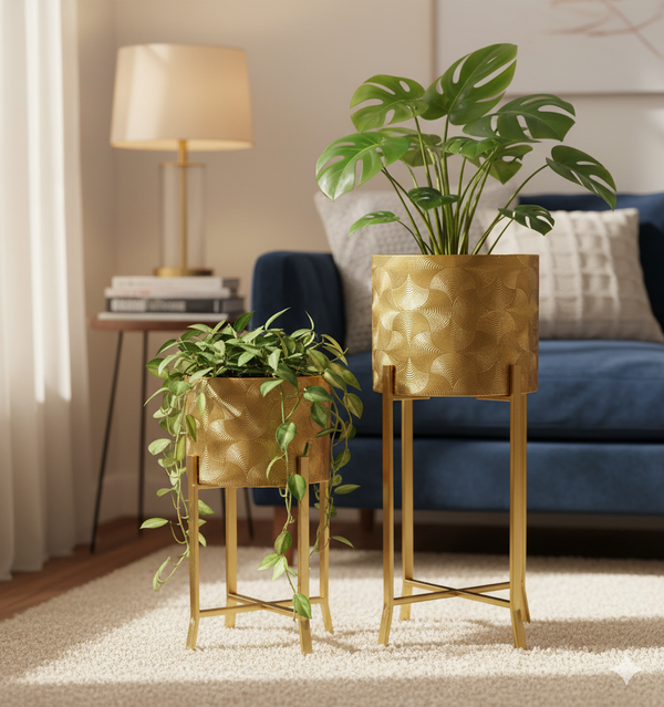 Rustic Gold Metal Pair of Planters with Detachable & Foldable Stand, Indoor Ornament for Fresh or Faux Plants Home Decor Gifts