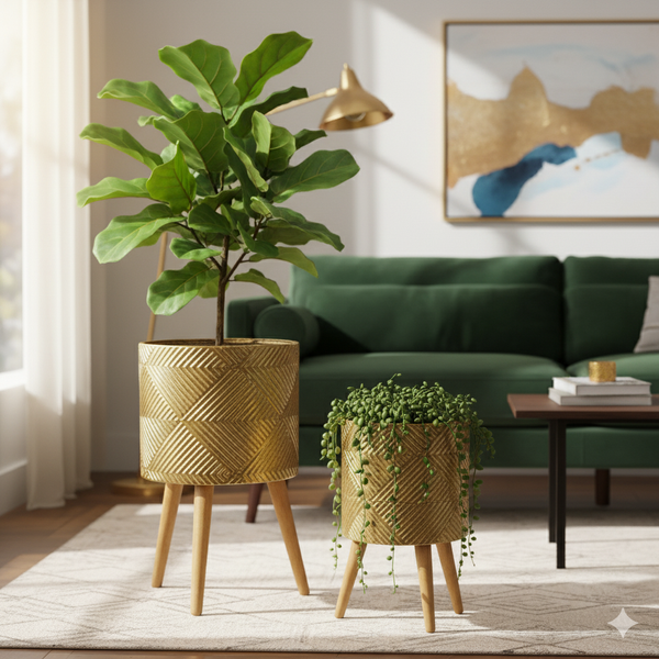Rustic Gold Foil Metal Plant Pots Set with Stand for Fresh or Artificial Plants, Indoor Home Office Decor, Gifts