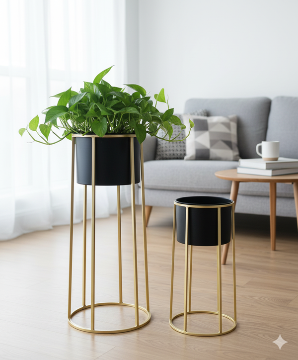 Contemporary Indoor Black Metal Pots Set with Golden Stand for Fresh or Faux Plants Living Room Office Decor, Gifts