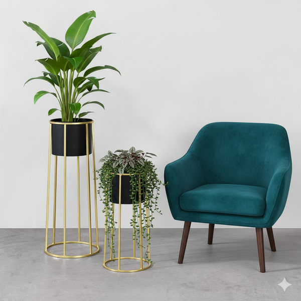 Modern Black Metal Pots Set Indoor Planters with Golden Stand for Fresh or Artificial Plants Living Room Office Decoration, Gifts