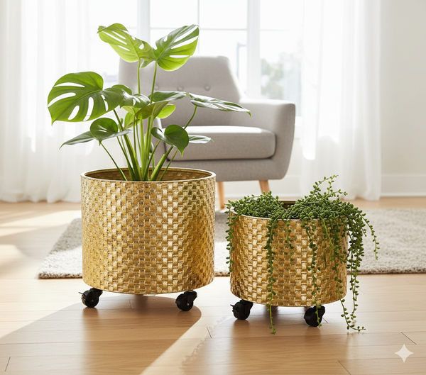 Golden Metal Foil Planter Set with Drain Plug, Indoor Plant Pot with Wheels for Fresh or Faux Plants Home Decor Gift