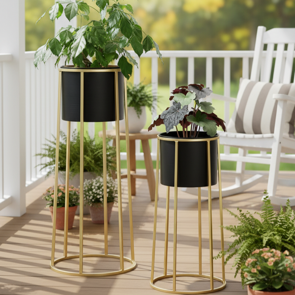 Modern Black Metal Pots Set Indoor Planters with Golden Stand for Fresh or Artificial Plants Living Room Office Decoration, Gifts