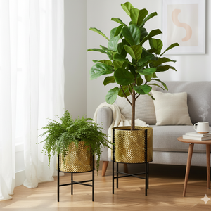 Rustic Golden Planters, Textured Foil Surface, Metal Plant Pots Pair with Black Stand, Unique Indoor Decor Gifts-Sona Casa