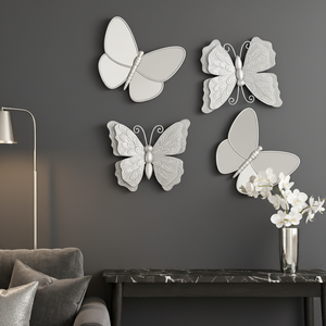 4 Piece Set Decorative Silver Butterflies for Wall Sculpture Decor-Sona Casa