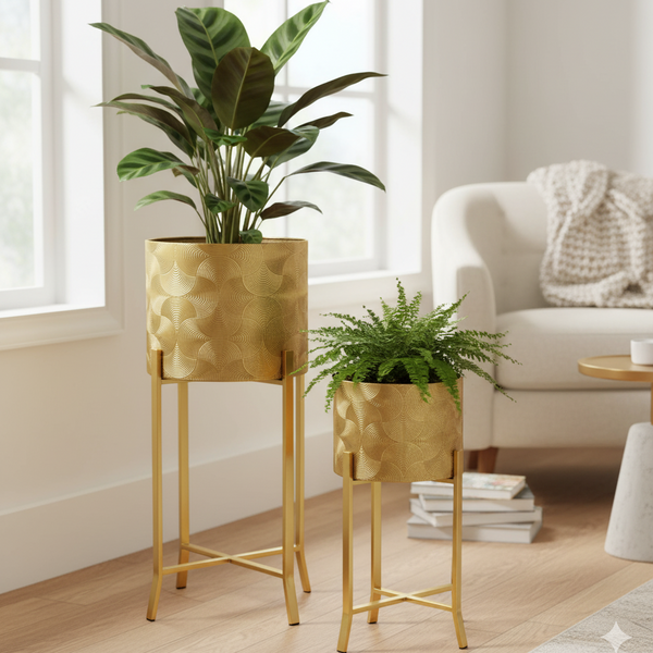 Rustic Gold Metal Pair of Planters with Detachable & Foldable Stand, Indoor Ornament for Fresh or Faux Plants Home Decor Gifts