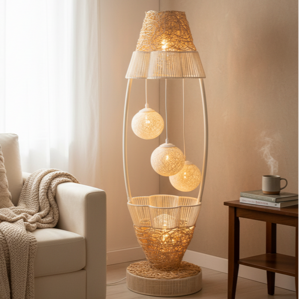 Tall LED Floor Lamp with Off White Cane Balls, Handmade Modern Decorative Accent, Ambient LED Lighting, Home Decor-Sona Casa