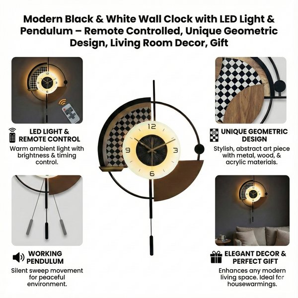Modern Black and White Wall Clock with LED Light, Remote Controlled, Unique Geometric Design, Pendulum, Living Room Decor, Gift-Sona Casa