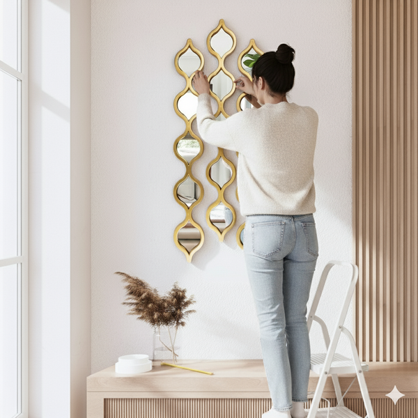 Vertical Wall Mirror Decor, 3 Teardrop Mirror Gold Accents, Indoor Wall Art for Living Room 35 inch, 88 cm