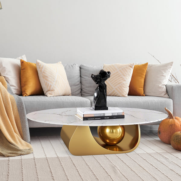 Designer Oval Coffee Table 47" White Marble Top, Golden Metal Ball Base, Centerpiece