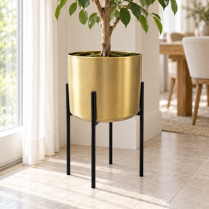 Gold Metal Planter with Black Stand, 24 in High-Sona Casa