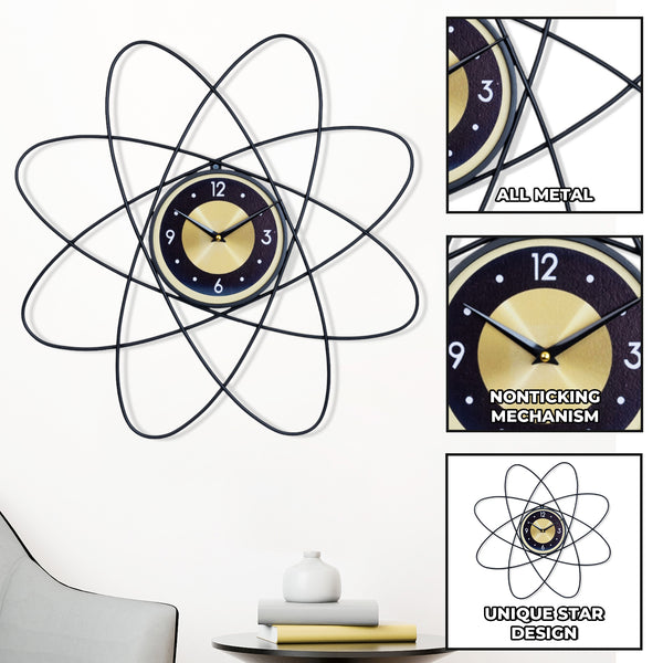 Minimalist Luxury Large Black Yellow Metal Star Decorative Wall Clock, 60 cm Silent Non-Ticking, Living Room Decor Gift by Sona Casa