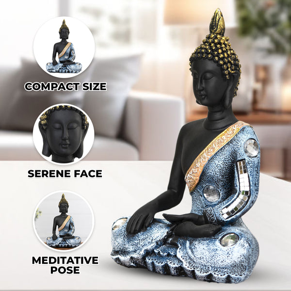 Small Buddha Statue, 8" Black Meditating Decorative Desk Sculpture, Living Room Home Office Zen Decor, Spiritual Gifts