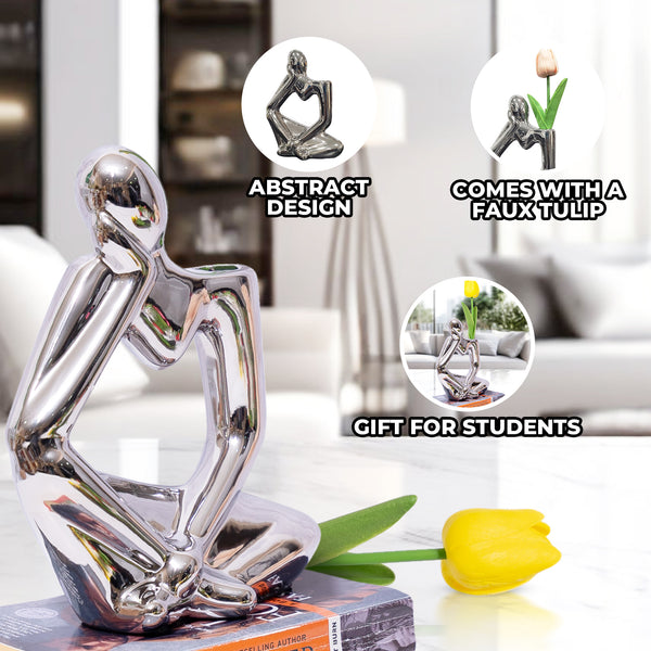 Unique Silver Ceramic Bud Vase, 7" Abstract Thinker Statue, Table, Shelf, Desk Decoration, 1 Tulip Flower Included