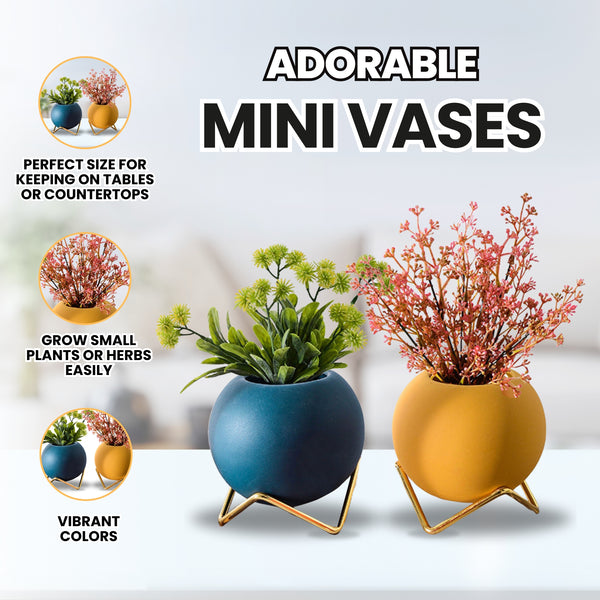 2 Pc, Cute Small Colorful Circular Vases with Golden Stand, 10 cm by Accent Collection