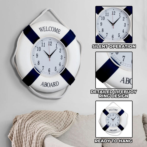 Nautical Round Wall Clock, 18" Silent Decorative Clock, Lifebuoy Coastal Beach Themed Decor, Nautical Gifts