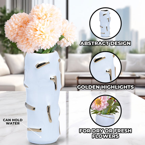 White Ceramic Vase, Golden Accent, Fresh or Faux Flowers, 12" Table Decor