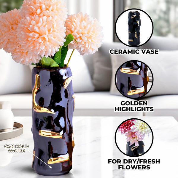 Abstract Black Ceramic Vase, Golden Highlights, 12" Table Decor
