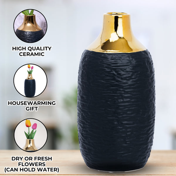 Black Ceramic Minimalist Vase With Golden Rim, 12" Modern Flower Vase