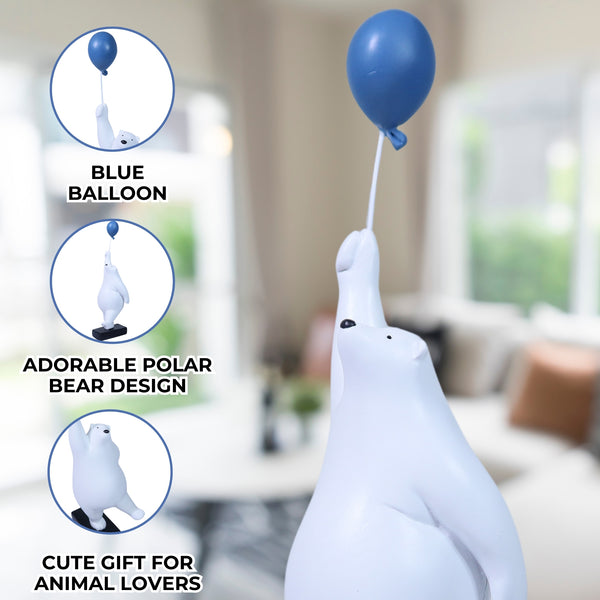 Polar Bear Sculpture, 12" Funny Animal Statue, Blue Balloon, Unique Gift