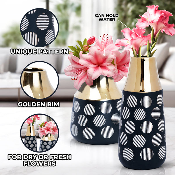 Black Ceramic Tulip Vase, Abstract, Golden Rim, 8" and 13" Table Vase Pair