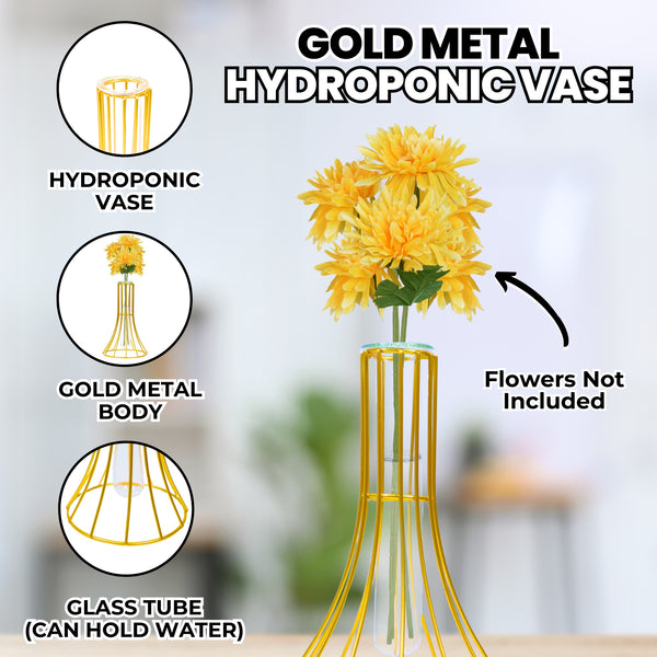 Hydroponic Vase, Gold Metal, Glass Propagation Terrarium Pot 7" Tabletop by Sona Casa