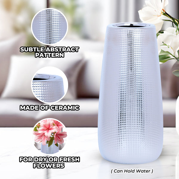 Silver and Chrome 10" Ceramic Vase Tabletop, Desktop, Countertop, Living Room Centerpiece, Home Office Decor Gifts