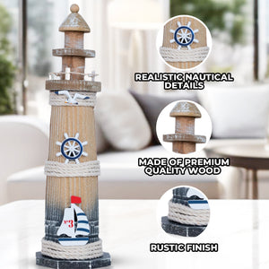 Rustic Brown Wood Miniature Lighthouse Model, 13" Nautical Figurine, Decorative Statue, Table, Desktop, Shelf Decor by Sona Casa