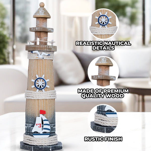Rustic Brown Wood Miniature Lighthouse Model, 13" Nautical Figurine, Decorative Statue, Table, Desktop, Shelf Decor