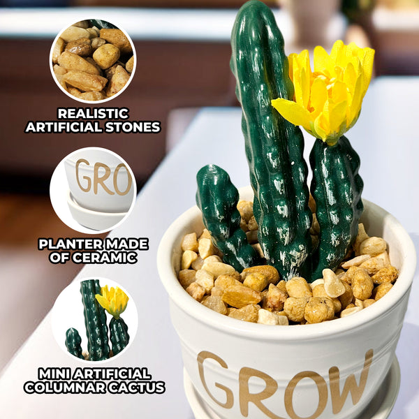 Artificial Potted Plant in White Planter, 5" Mini Columnar Cactus Decor by Sona Casa