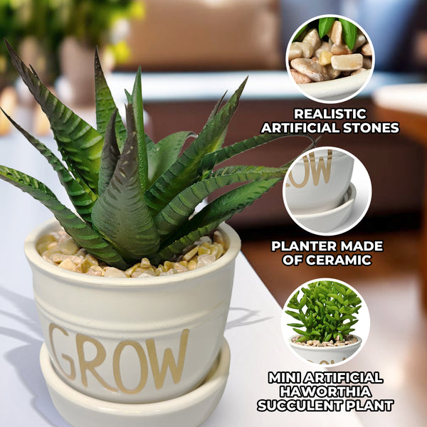Fake Haworthia Succulent in White Ceramic Planter 5" Tabletop Centerpiece by Sona Casa