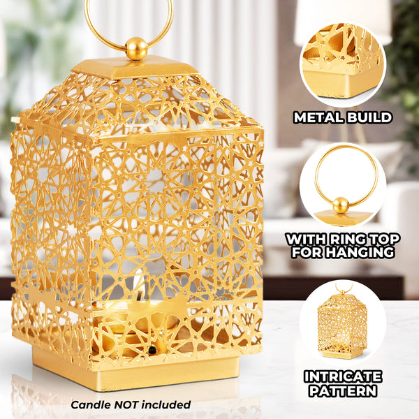 Golden Tealight Lantern Candle Holder, 7" Metal Holder, Indoor Outdoor Decor with 1 Tealight Candle