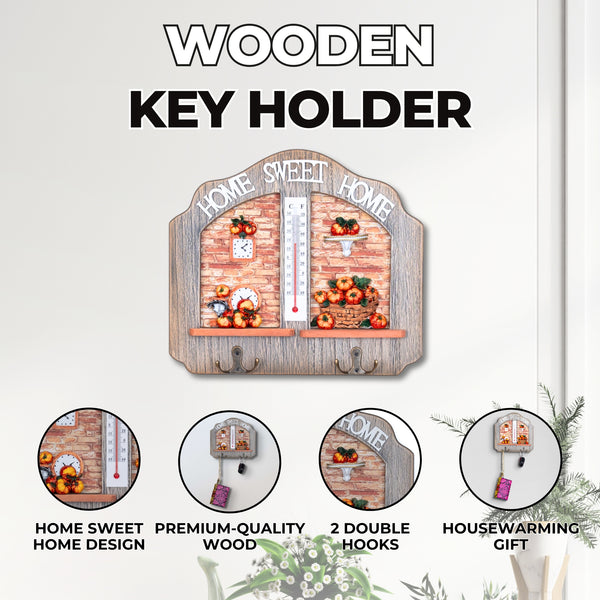Wooden Entryway Key Holder Rack Hanger with Thermometer, 2 Double Hooks Home Office Organizer, Gifts