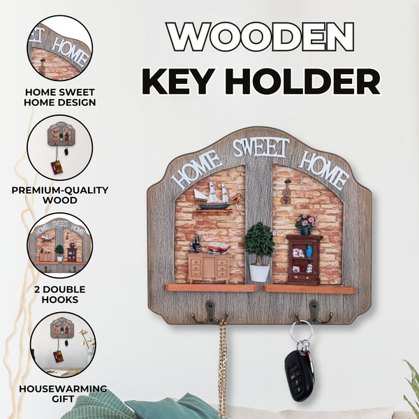 Rustic Wooden Key Holder Wall Mount With 2 Double Hooks, 10" Entryway Farmhouse Home, Office Decorative Key Rack Hanger, Gifts