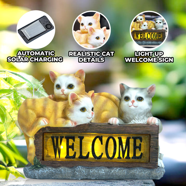 Cute Solar Cat Garden Statue With Welcome Sign, 8" Outdoor Lawn Patio Front Porch Decor, Housewarming Gift