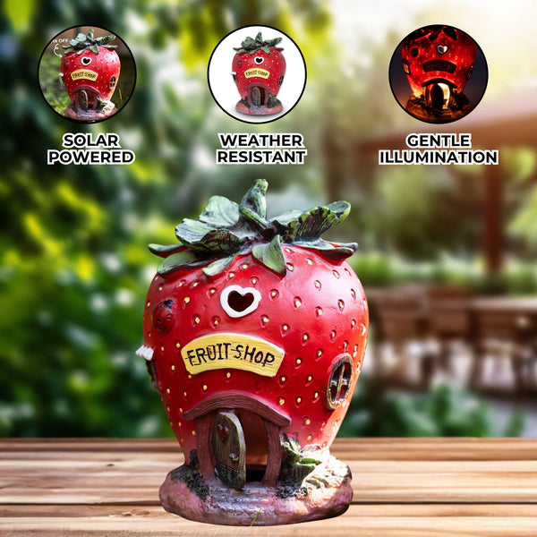Polyresin Strawberry Solar Statue, 16" Fairy Garden Accessory Outdoor Decor by Sona Casa