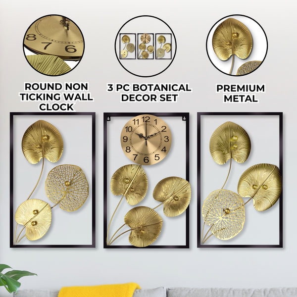 Extra Large Golden Decorative Wall Clock, 24" Silent Non Ticking Clock with Decorative Panels Wall Decor