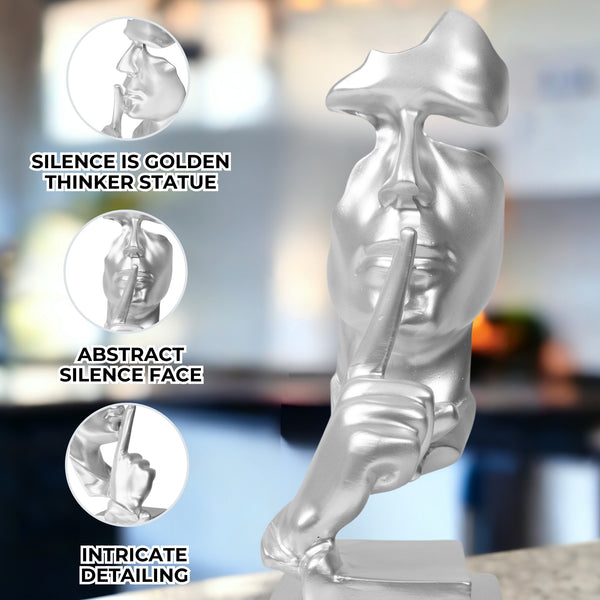 Silver Silence is Golden Thinker Statue, Abstract Silence Face, Polyresin Artwork for Living Room 12 inch 31 cm | Home Decor