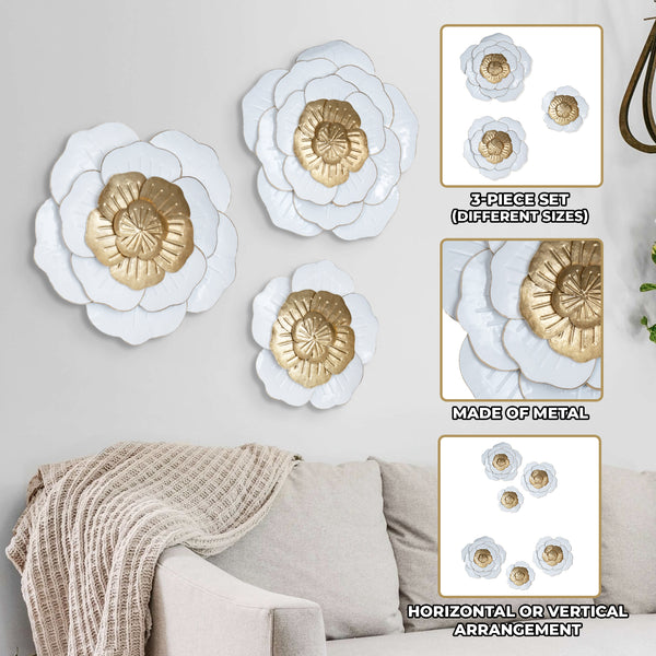 Trio Elegant Home Decorations, 3 Set 22" Metal Flower Wall Art, Floral White Gold Modern Home Office Decor