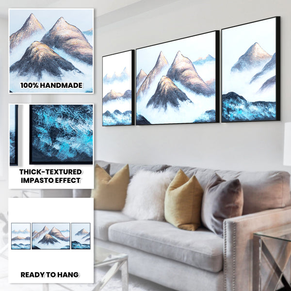 Impasto Mountain Scenery Set of 3 Wood Canvas Art, 28" Thick Textured