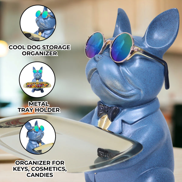 Cute Blue Dog Storage Organizer, Metal Tray Holder, Key Organizer, Table Organizer for Home or Office 9 inch 23 cm