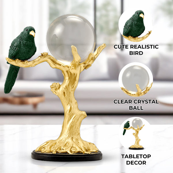 Countertop Sculpture Crystal Ball and Bird on Tree, 9" Tabletop Centerpiece | Home Decor