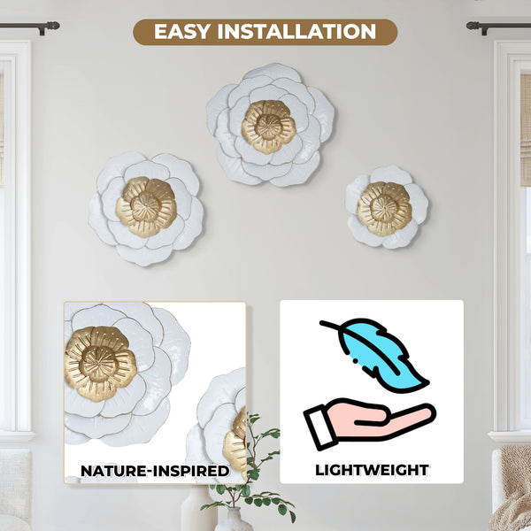 Trio Elegant Home Decorations, 3 Set 22" Metal Flower Wall Art, Floral White Gold Modern Home Office Decor