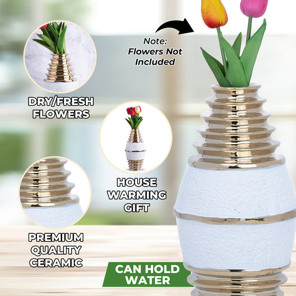 White Ceramic Tulip Vase, Golden Rims, 11" Modern Table Desk Shelf Centerpiece Decor, Unique Gifts