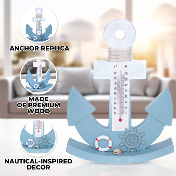 Wooden Anchor Desk Statue with Temperature Gauge, 8" Decorative Nautical Decor, Beach Themed Home Decor, Gifts