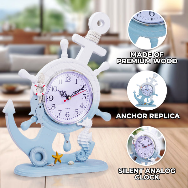 Wooden Anchor with Clock Decorative Tabletop Statue, Marine Decor, Cottage, Office, Bedroom, Living Room, Home Decoration, Gift