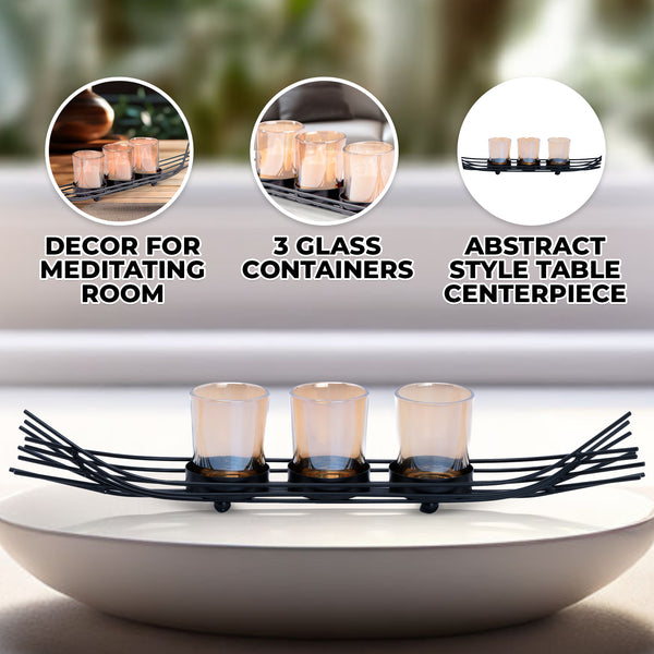 Black Metal Decorative Tealight Candle Holder, 15" Wide, 3 Glass Containers, Modern Abstract Design, Unique Gifts